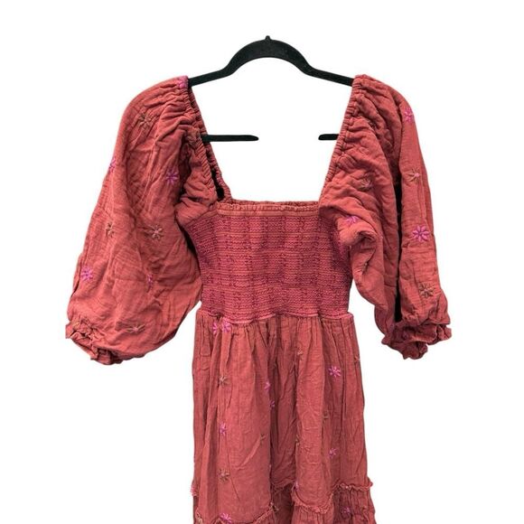 Free People Dahlia Embroidered Maxi Dress XS Rust Coral Smocked Boho Cotton - Picture 4 of 14